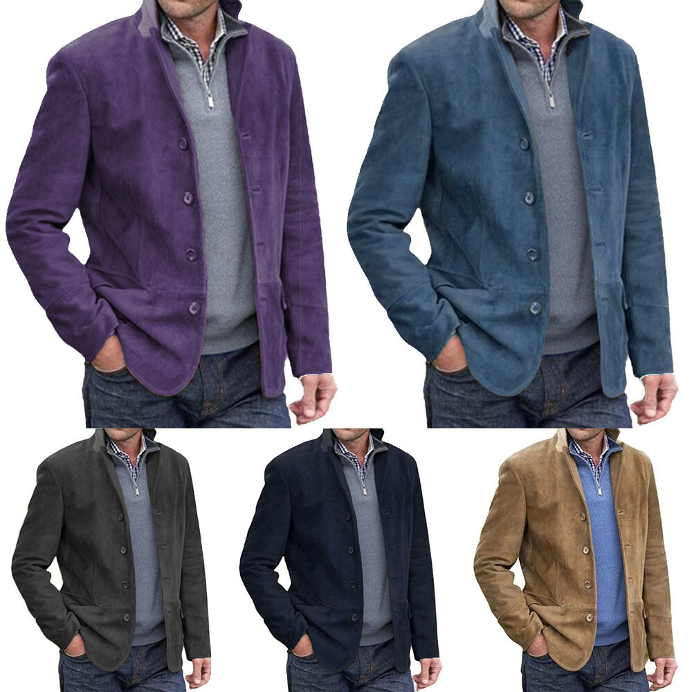 Stylish Brown Suede Leather Blazer Men Four Button Classic Coat Vintage Jacket