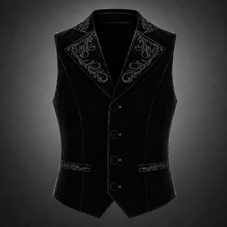 Mens Gothic Waistcoat Vest Black Velvet Embroidered Steampunk Vampire