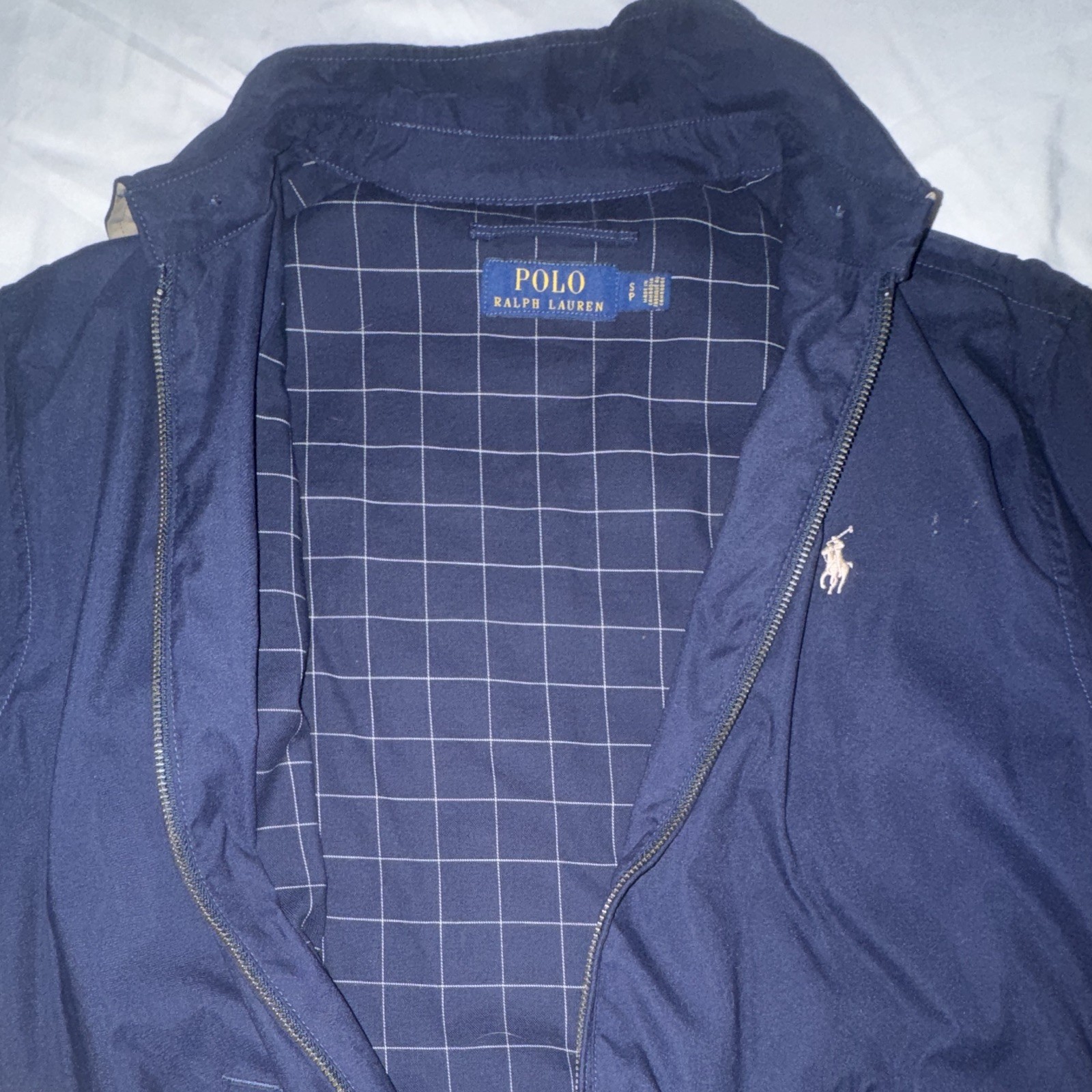 Polo Ralph Lauren Mens Navy Full Zip Bomber Jacket Pockets Plaid Lining S-M