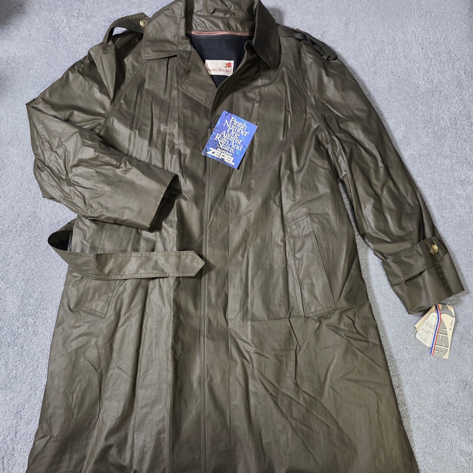 Stanley Blacker Mens 42 Reg Trench Coat Dark Loden Green Belted Zip Out Wool Lnd