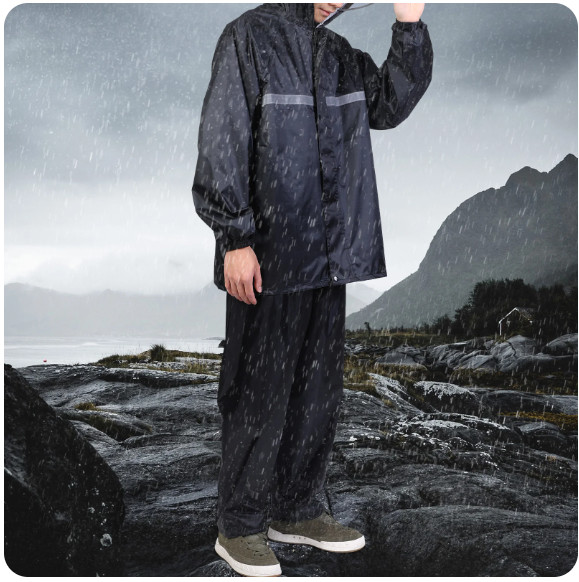 Black Safety Rain-suit, Rain Jacket With Hoodie & Rain Pants Waterproof Raincoat