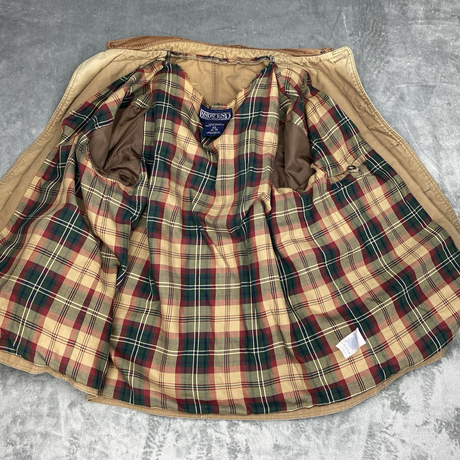 Vtg Lands End Jacket Mens Sz XL Tan Field Barn Chore Coat Corduroy Thrashed Fade
