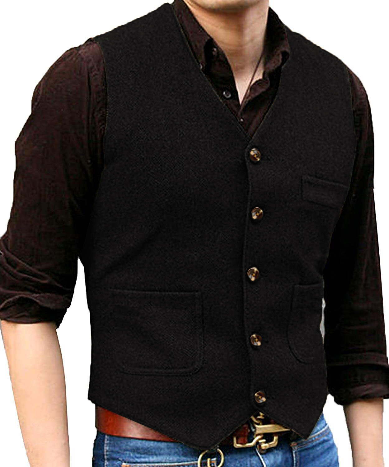 Men Suit Herringbone Waistcoat Tweed Vest Wedding Vintage Wool Groomsman Hunting