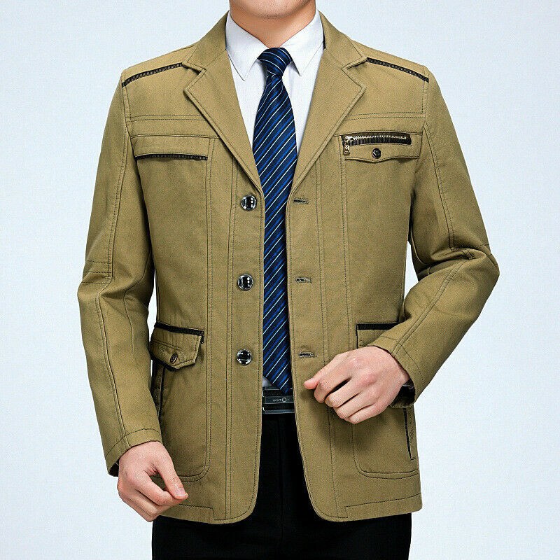 Mens Trench Jacket Windbreaker Outwear Parka Lapel Cotton Overcoat Business