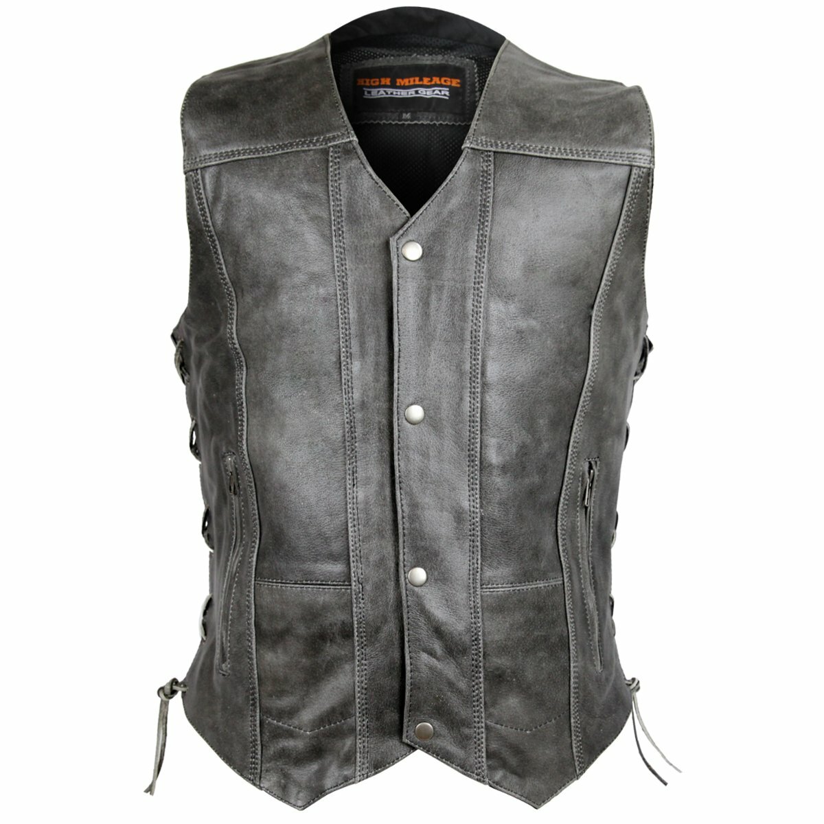 Mens Motorcycle Riding 10 Pocket Distressed Grey Biker Leather vest single panel