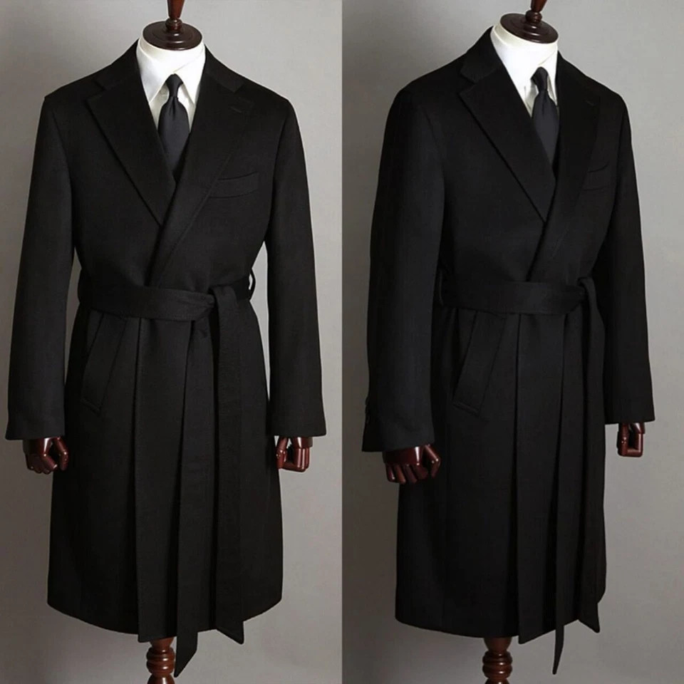 Solid Color Winter Wool Tweed Coat for Men’s Thick Overcoat Warm Coat with Belt