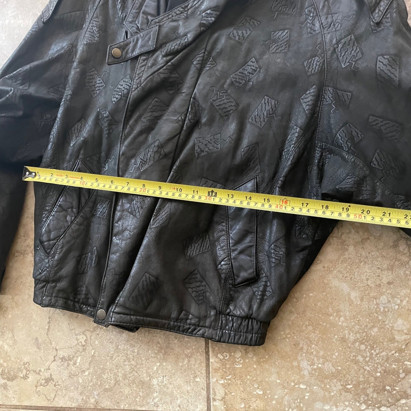 Cosi L’Uomo Mens Black Leather Embossed Geometric Bomber Jacket Size S Vintage