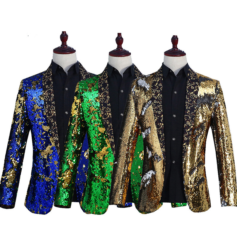 Men Reversible Two Tone Glitter Sequins Suit Jacket Blazer Dance Stage Coat Tops