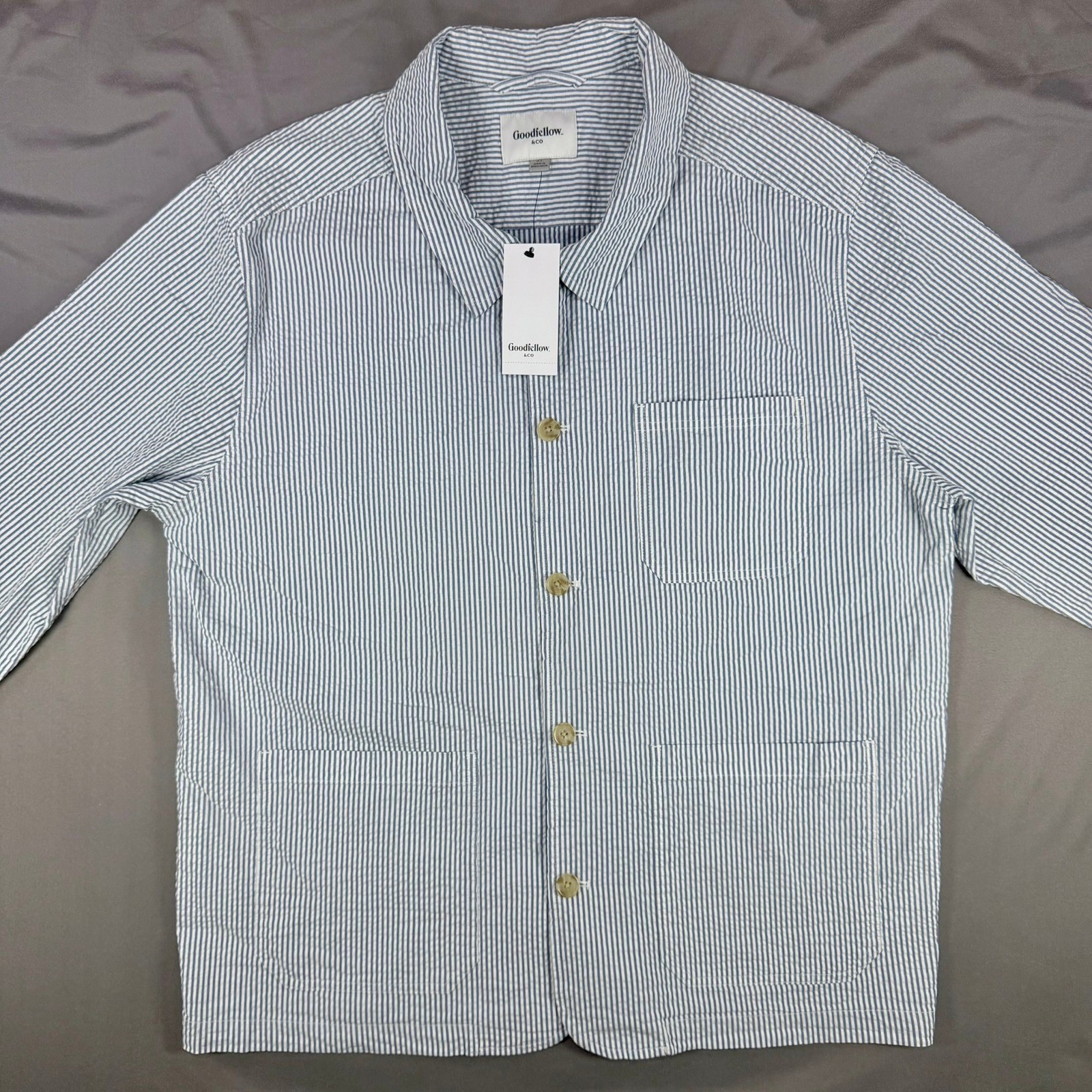 Goodfellow Mens XL Blue White Seersucker Cotton Chore Jacket Stripe Button Coat