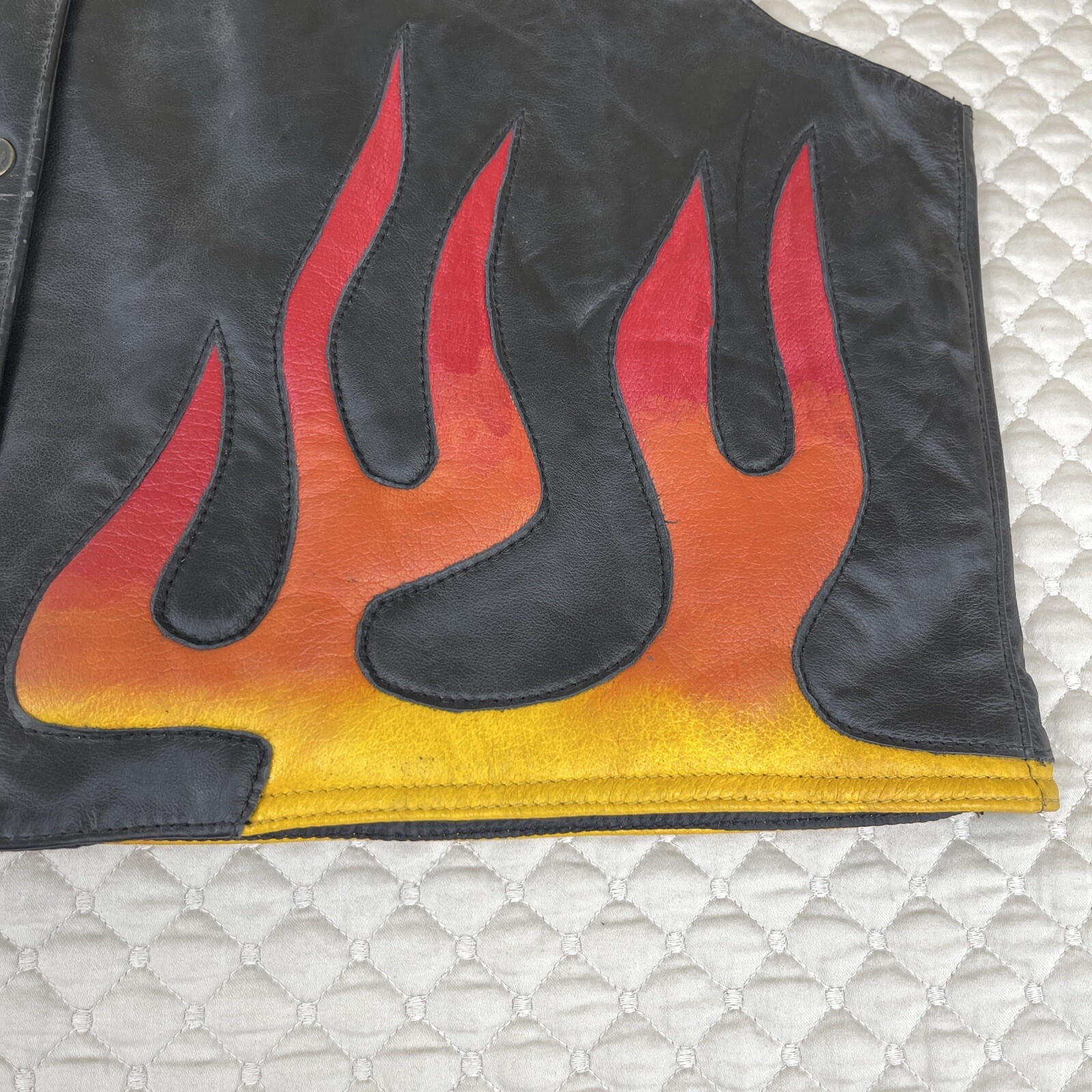 Vintage Mens Leather Vest XL Black Motorcycle Flame Fire Design Krazy Skins