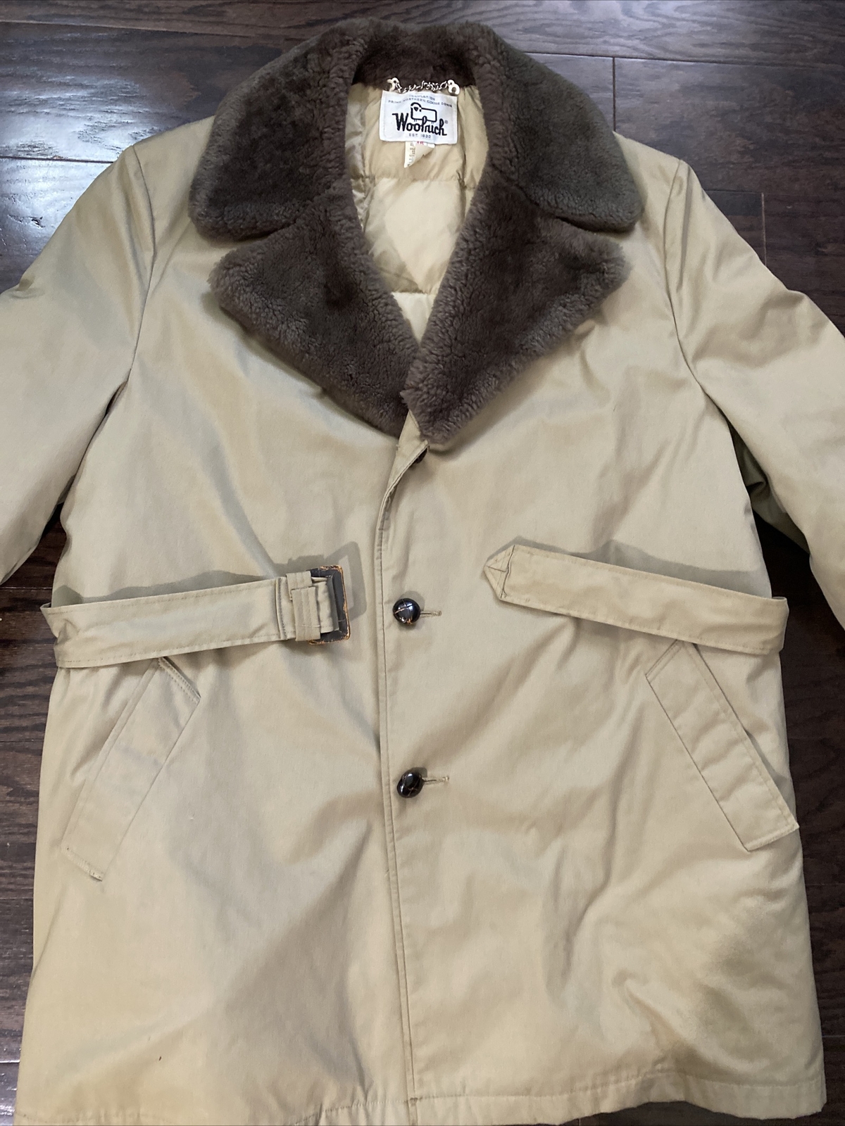 Vtg WOOLRICH Belted Fur Collar Car Coat Jacket Prime Northern Goose Down Mens 46