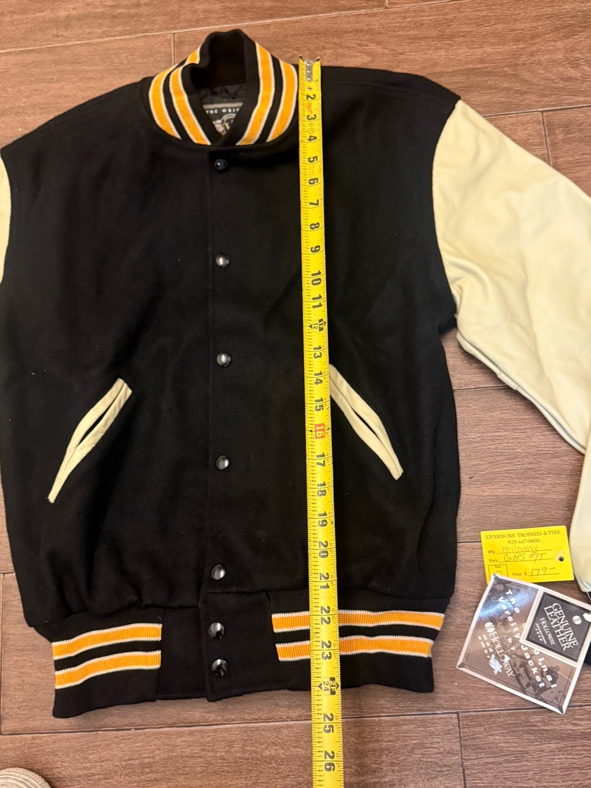 NWT Holloway Wool Varsity Jacket With Genuine Leather Sleeves Black Yellow Sz S