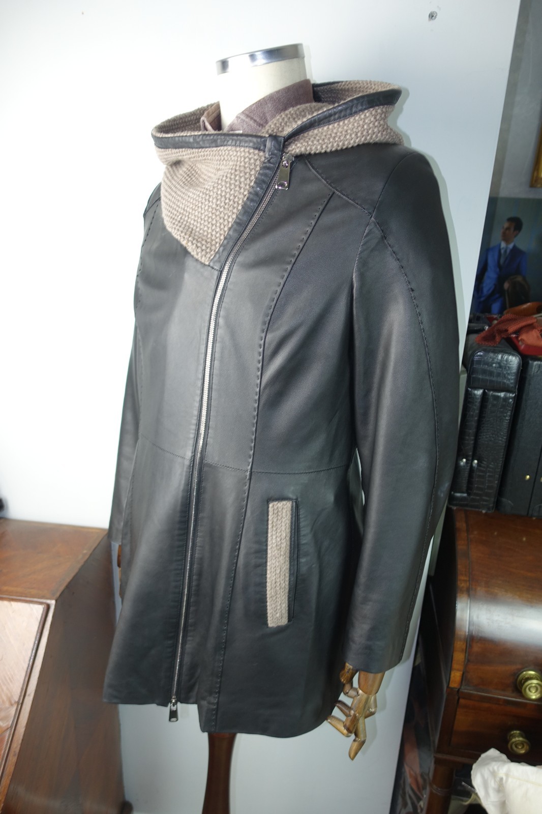 £1950 GIAN LUCA LEATHER LAMBSKIN WOVEN HOODED COAT ITALY 38 48 S ITALY
