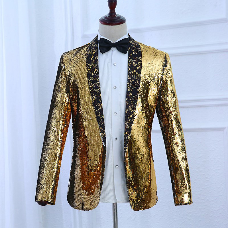 Men Reversible Two Tone Glitter Sequins Suit Jacket Blazer Dance Stage Coat Tops