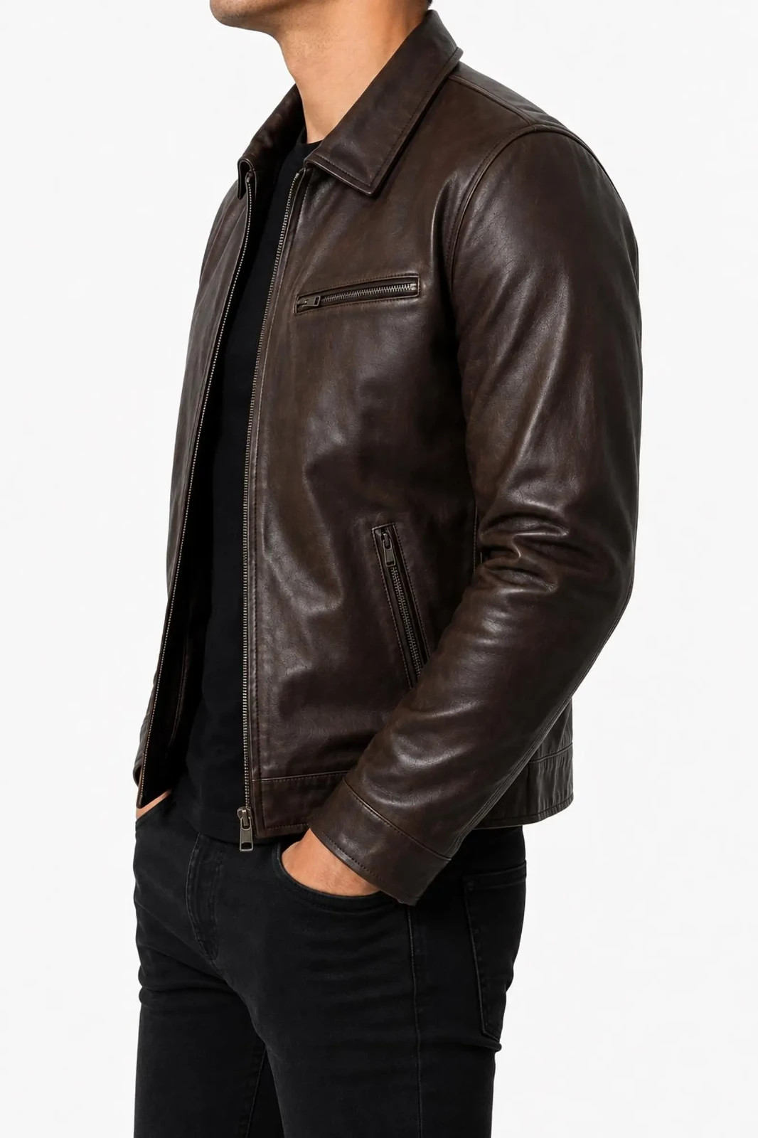 Men’s Genuine Leather Jacket Classic Biker Motorcycle Casual Zip Front Coat