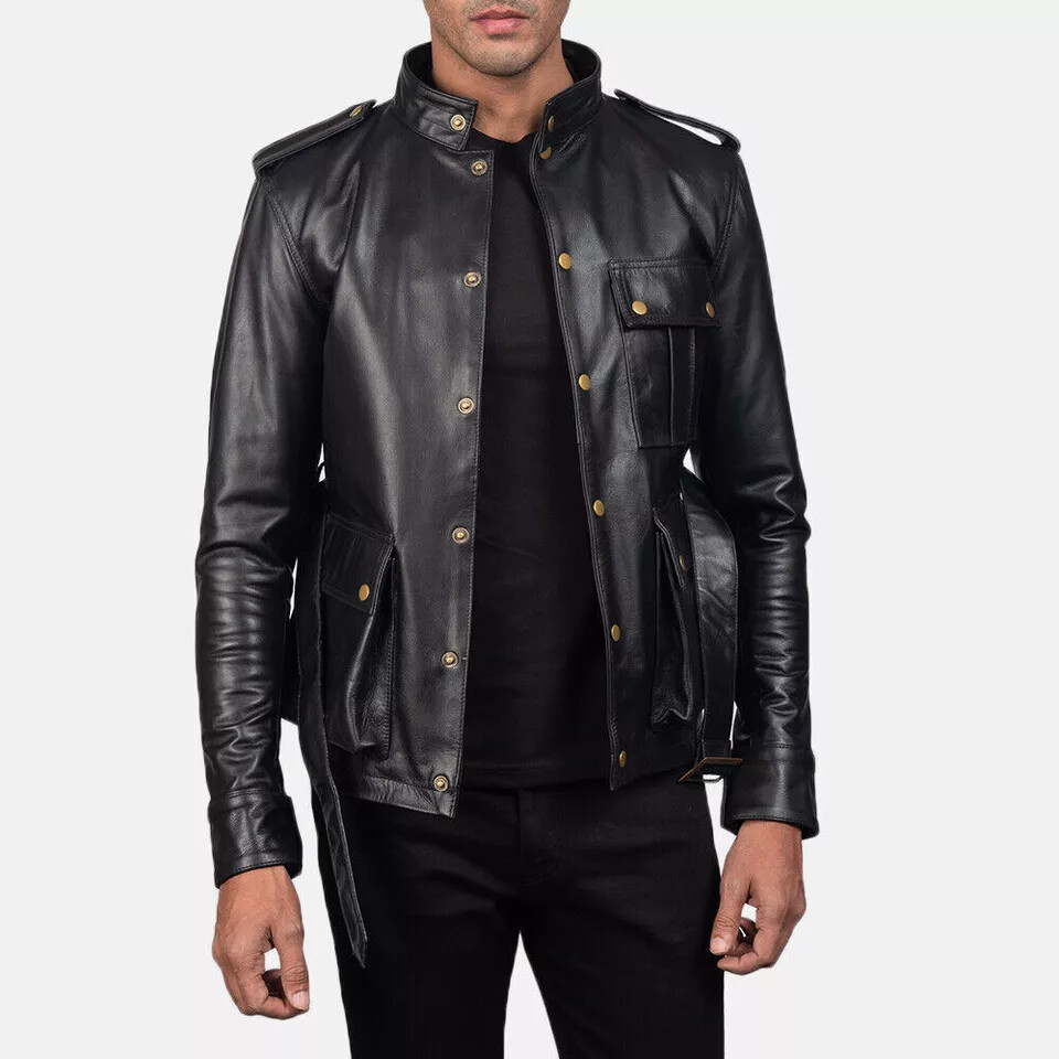 Men Germain Black Short Trench Leather Jacket 100% Lambskin Genuine Leather Coat