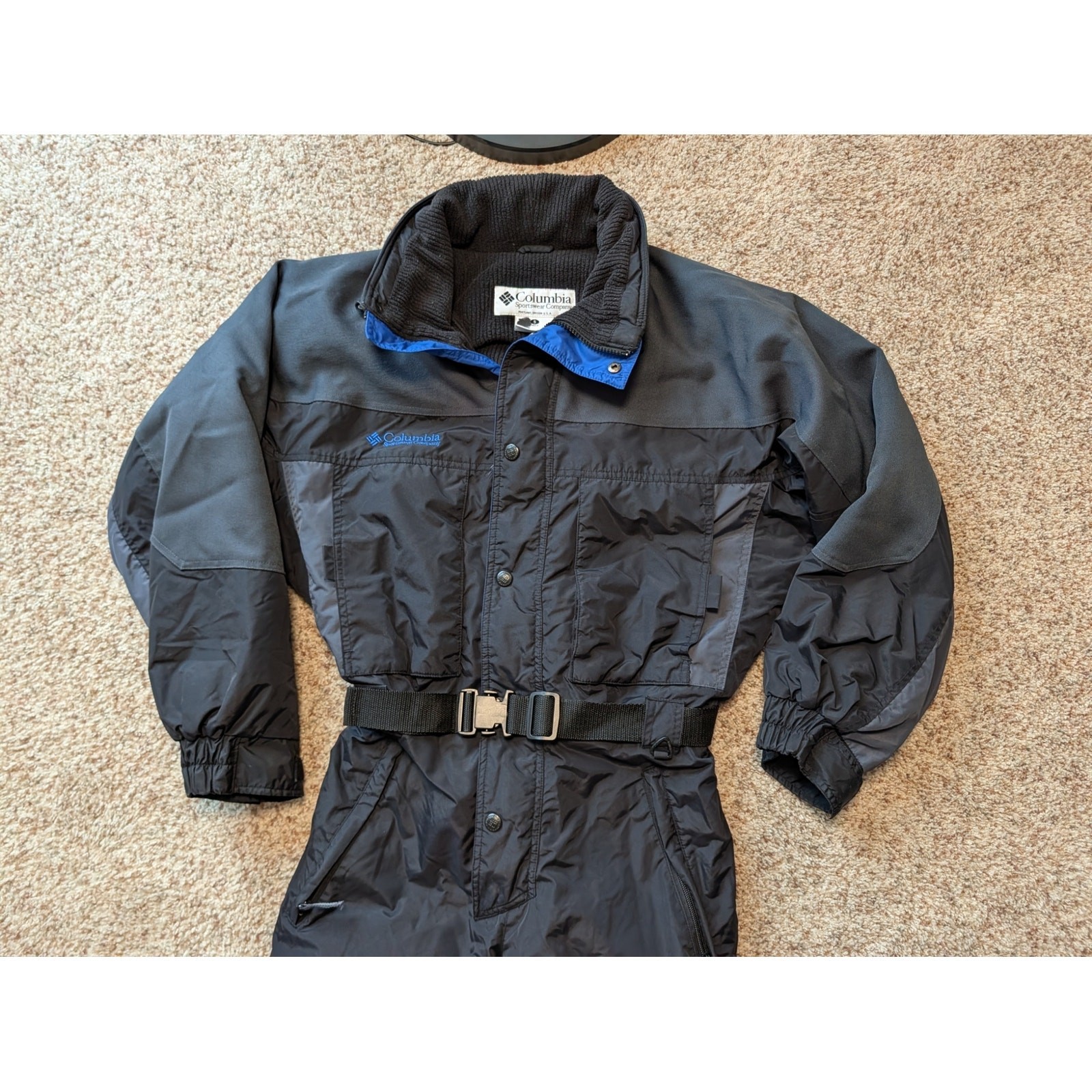 Columbia Vintage 1Pc Ski Suit Mens S Black Blue Trim Belted One Piece Snowsuit