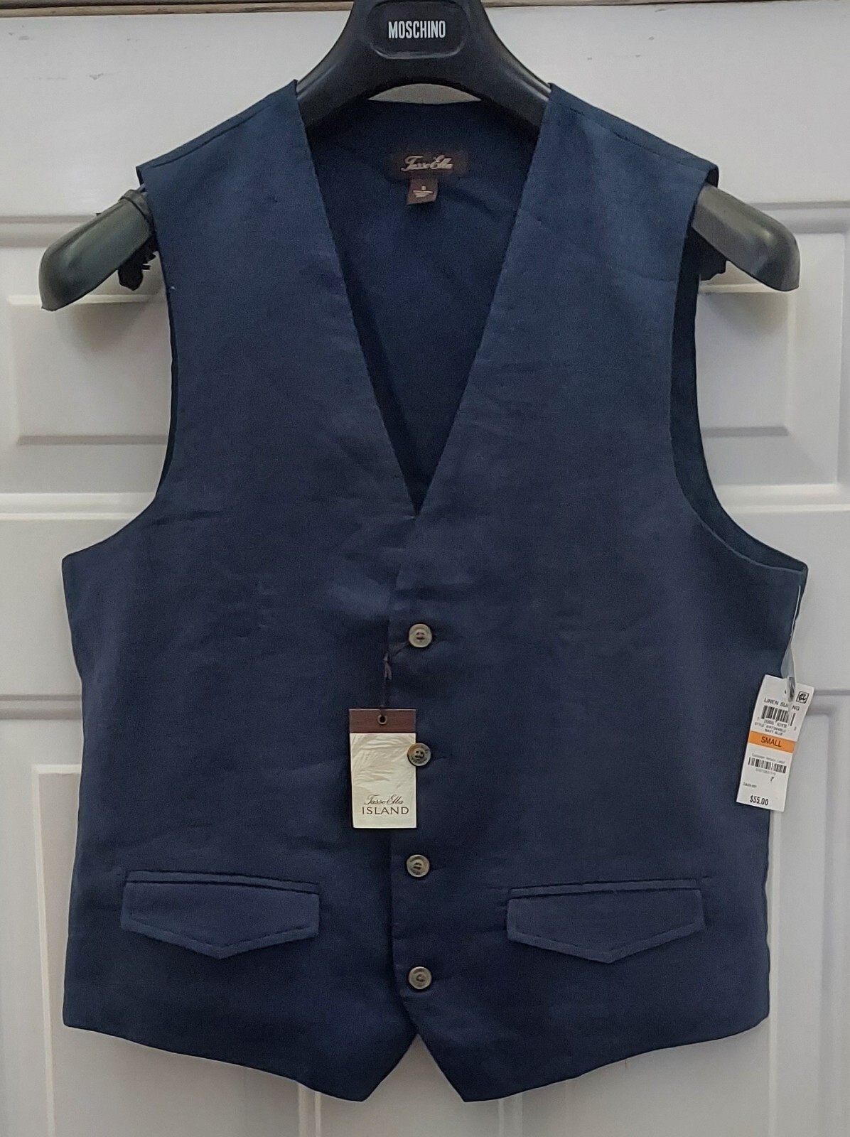 TASSO ELBA ISLAND MEN’S NAVY BLUE LINEN BUTTON-UP V-NECK VEST SIZE S NWT $55