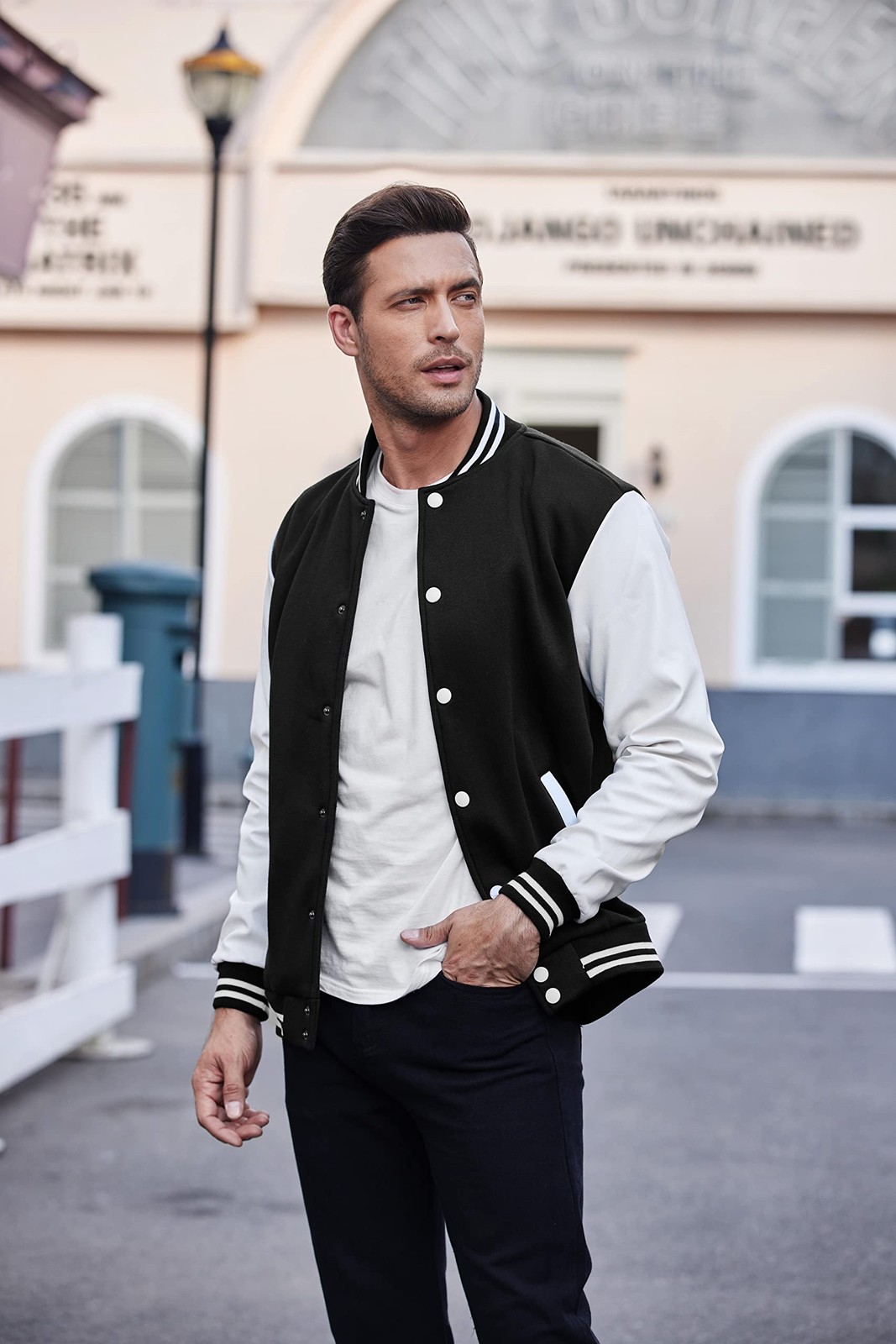 Mens Varsity Bomber Jacket Casual Lettermen Jackets Coat Pure (Black XL)