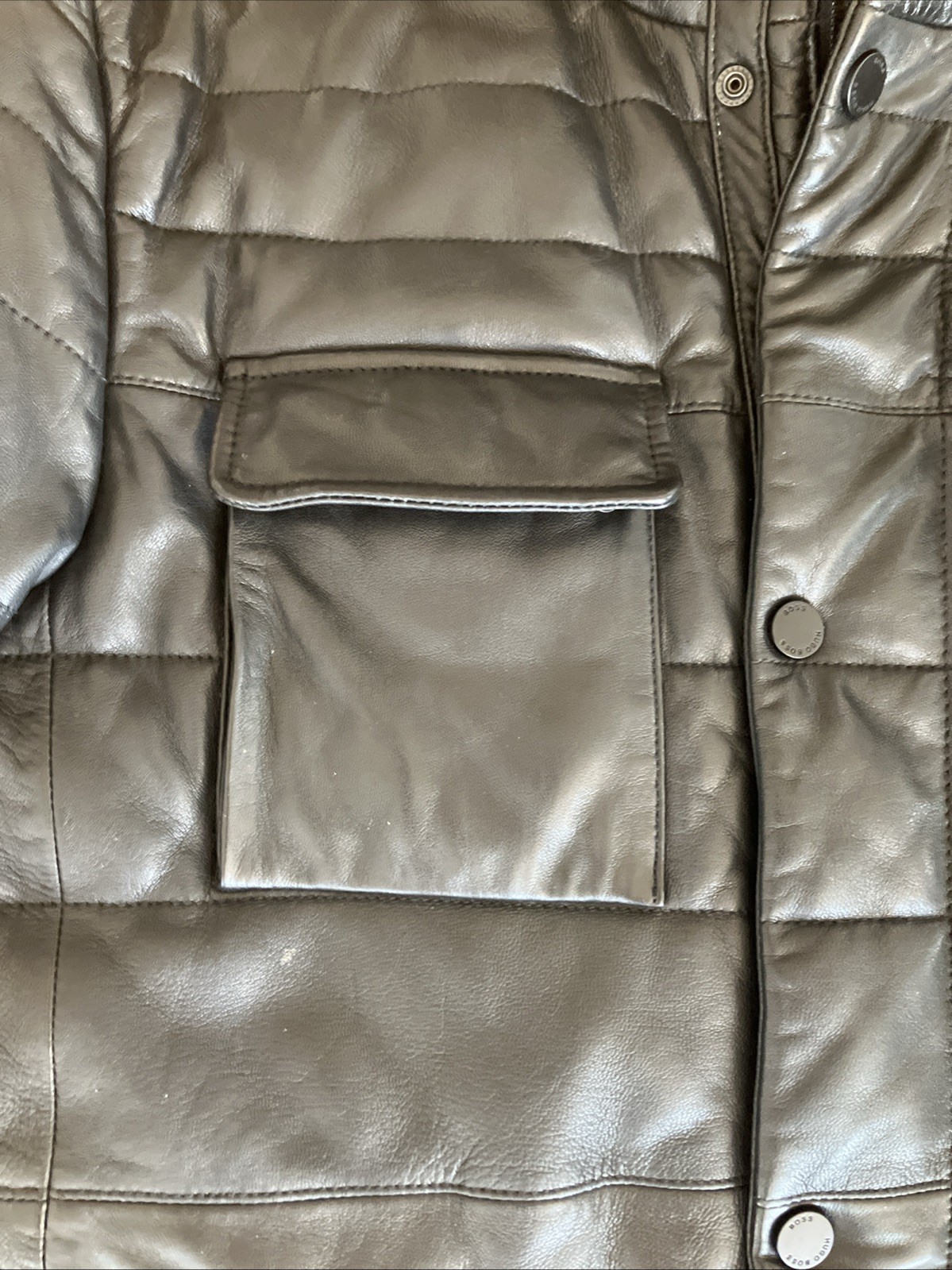 BOSS Hugo Boss Leather Jacket, Black, Puffer, Pockets, Size M Short (?)