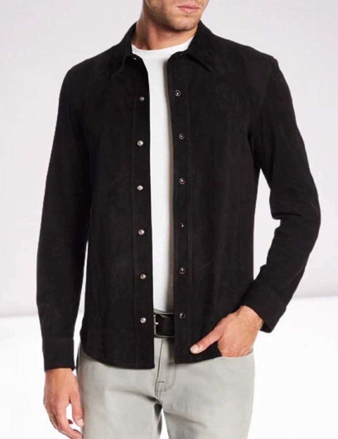 Mens Black Suede Leather Shirt Jacket Casual Custom Made Size S M L XL 2XL 3XL