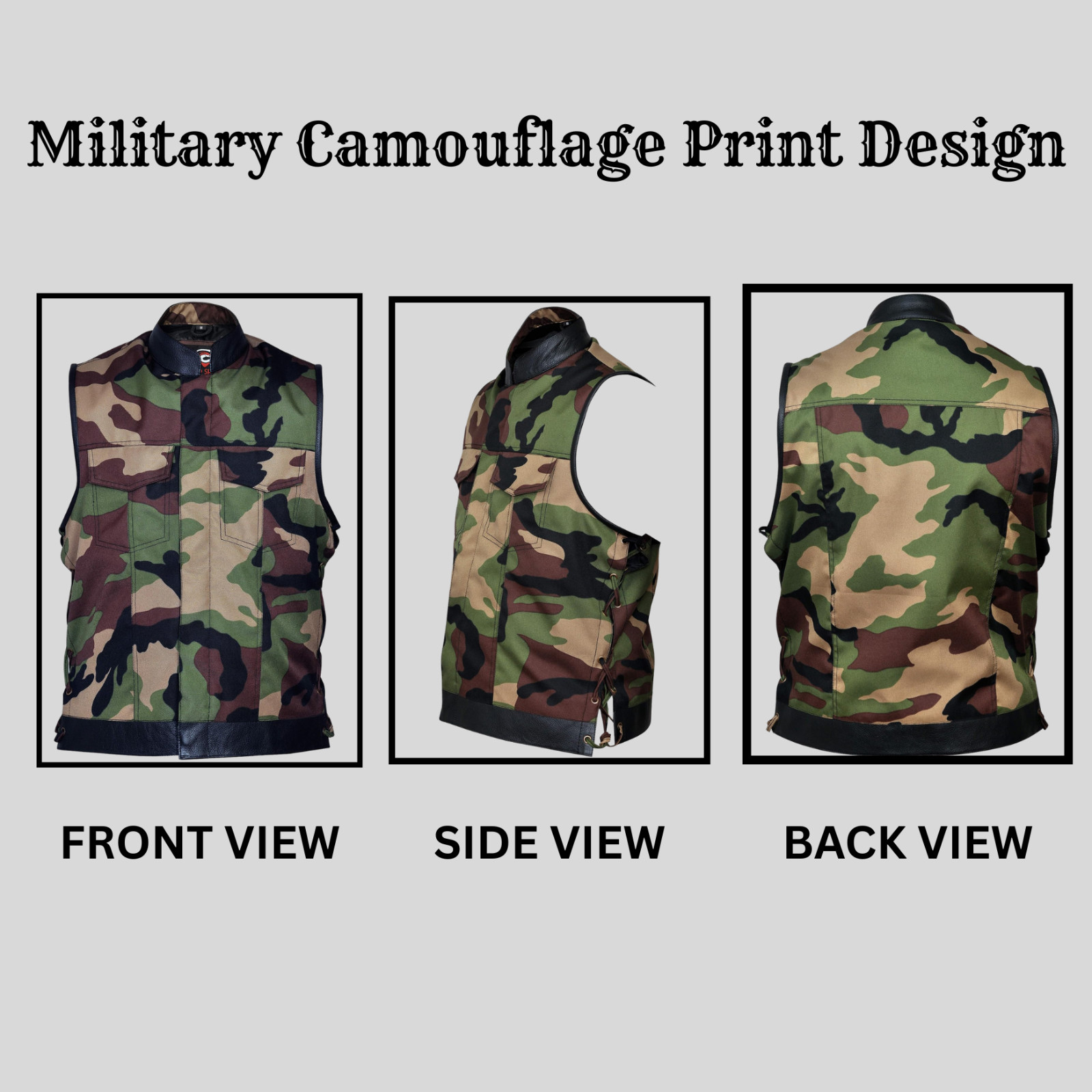 Military Print Camouflage Camo Cut Off Leather Lace Motorcycle Vest Waistcoat
