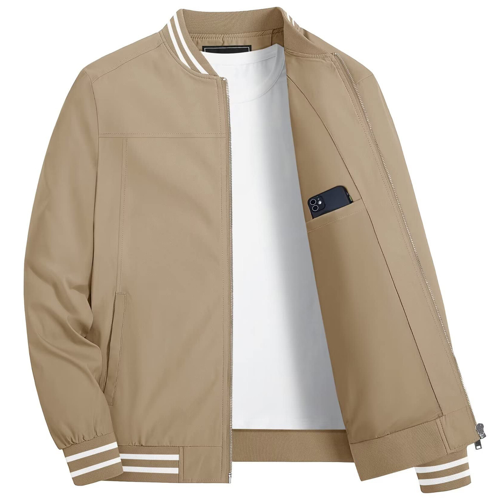 Men’s Thin Bomber Jacket Spring Fall Sportswear Casual Full-Zip Baseball Coat US
