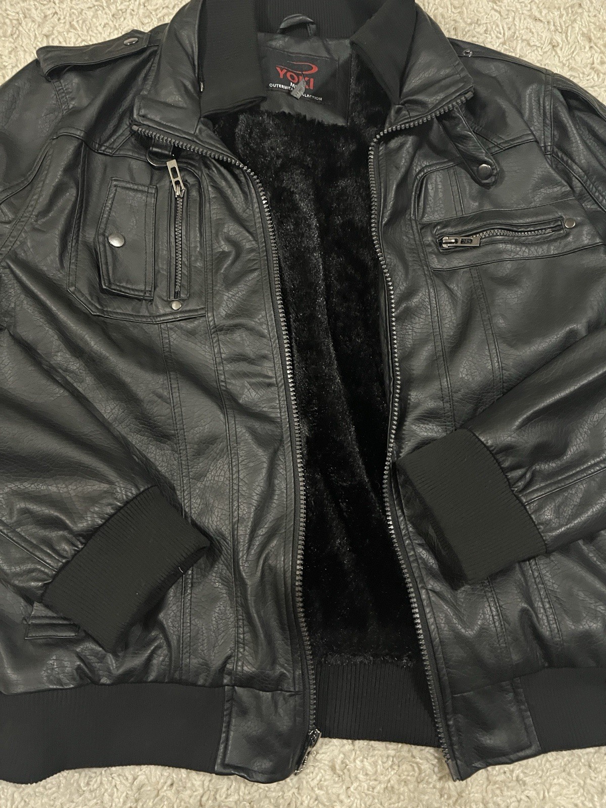 Yoki Men’s Black Bomber Leather Jacket Size XL Faux Fur Lined Full Zip Vintage