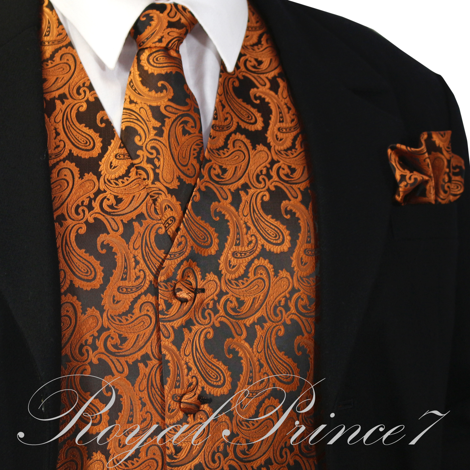 Rust Orange XS to 6XL Paisley Tuxedo Dress Vest Waistcoat & Neck tie And Hankie