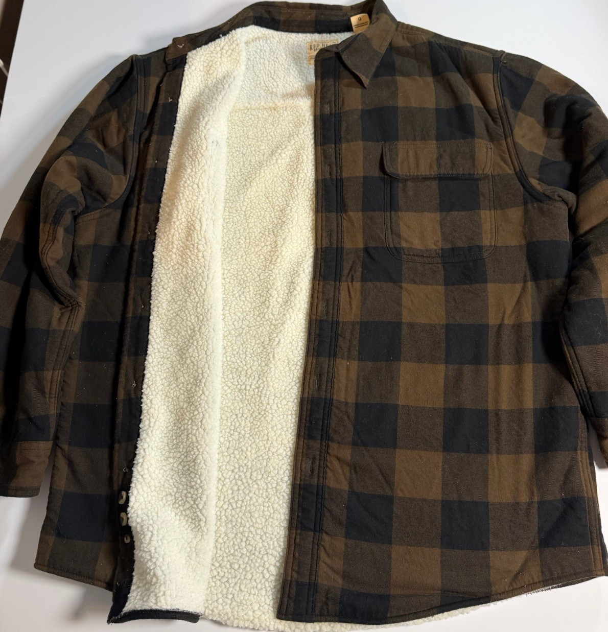 RedHead Mens Brown Black Buffalo Plaid Sherpa Lined Flannel Shirt Jacket Large
