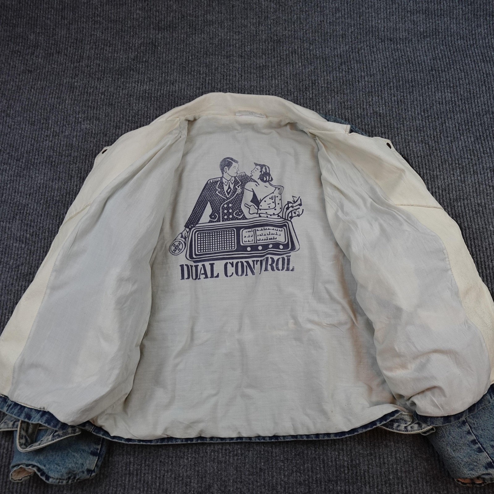 Vintage Denim Biker Jacket Mens Medium Blue Belted Dual Control Retro Lined