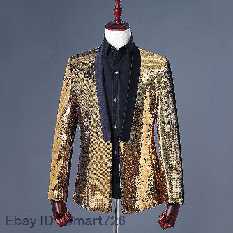 Men Reversible Two Tone Shiny Sequins Jacket Suit Blazer Fancy Dress Outfit Sets