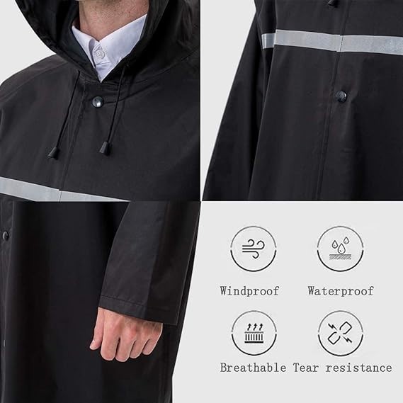 Men Black Waterproof Long Raincoat Hooded Trench Jacket Outdoor Hiking Rain Coat