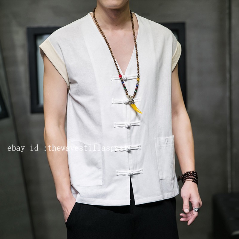 Men Cotton Linen Waistcoat Vest Sleeveless Tang Suit Jacket Kung Fu Tai Chi Vest