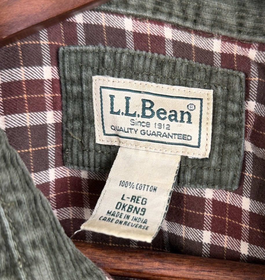 LL Bean Mens Corduroy Shirt Jacket Flannel Lined Green Distressed Crop Hem Large
