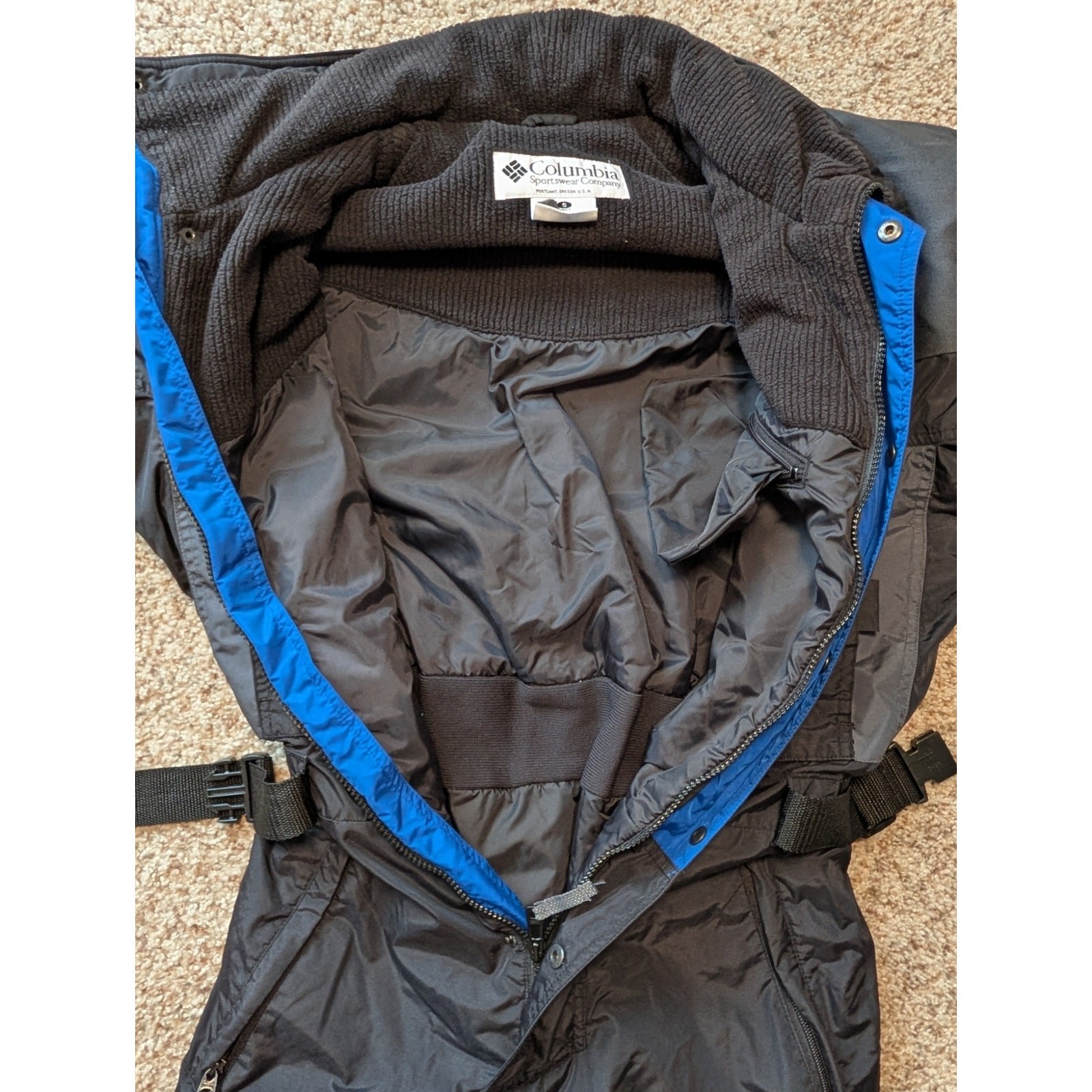 Columbia Vintage 1Pc Ski Suit Mens S Black Blue Trim Belted One Piece Snowsuit