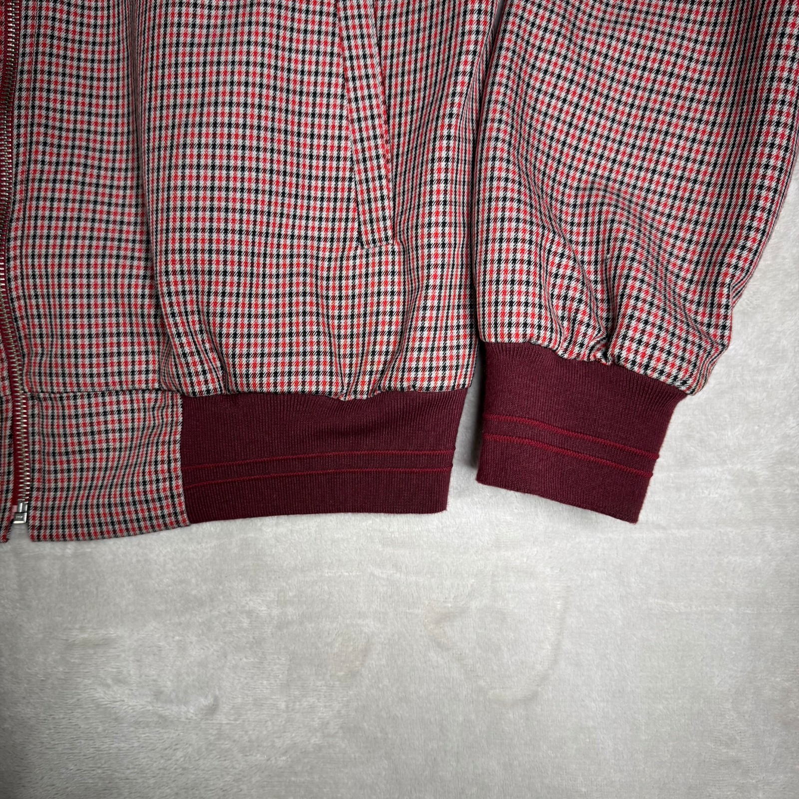 5001 Flavors Mens L Full zip bomber jacket designer Custom Lined Plaid Burgundy