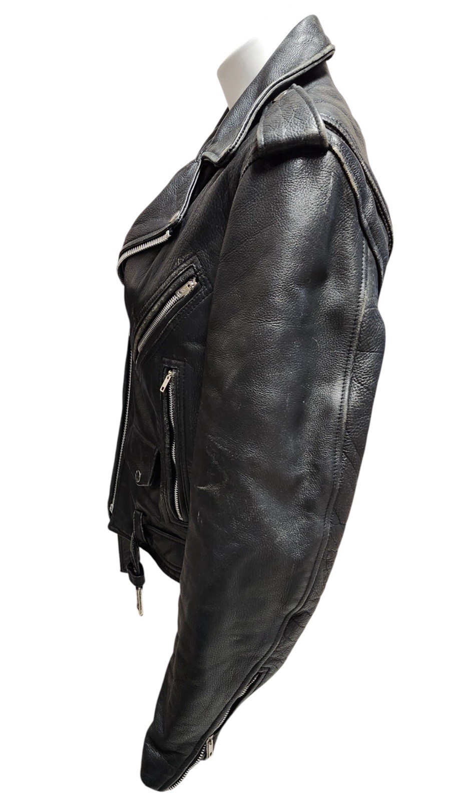 Vintage Real Black Leather Belted Motorcycle Jacket 38 Punk Biker Mercirona
