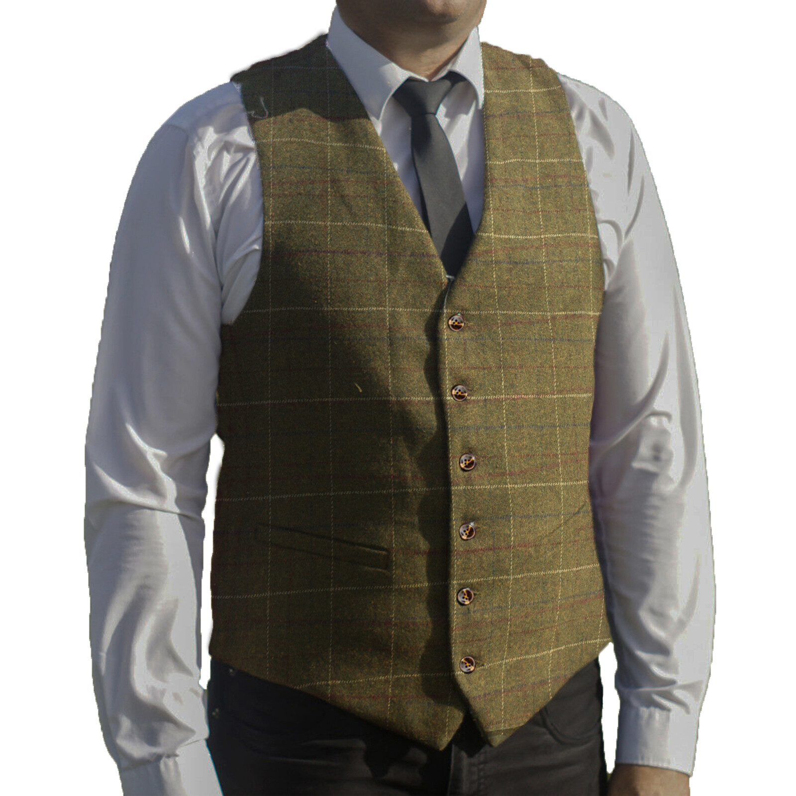 Men Plaid Waistcoat Tweed Vest Windowpane Wedding Vintage Wool Herringbone Groom