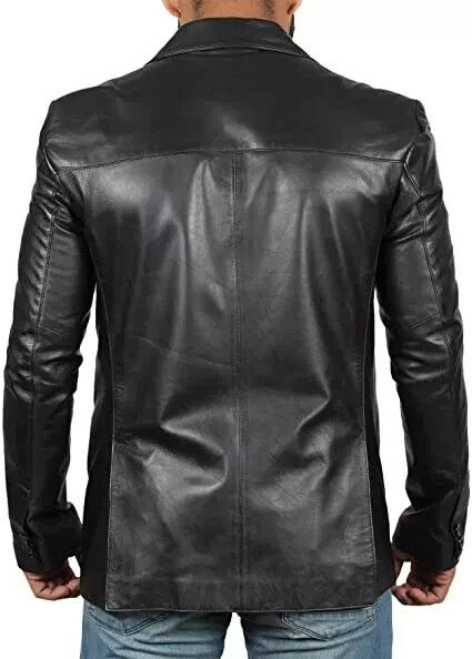 Mens Real Genuine Lambskin Handcraft Black Leather Blazer Soft Two Buttons Coat.