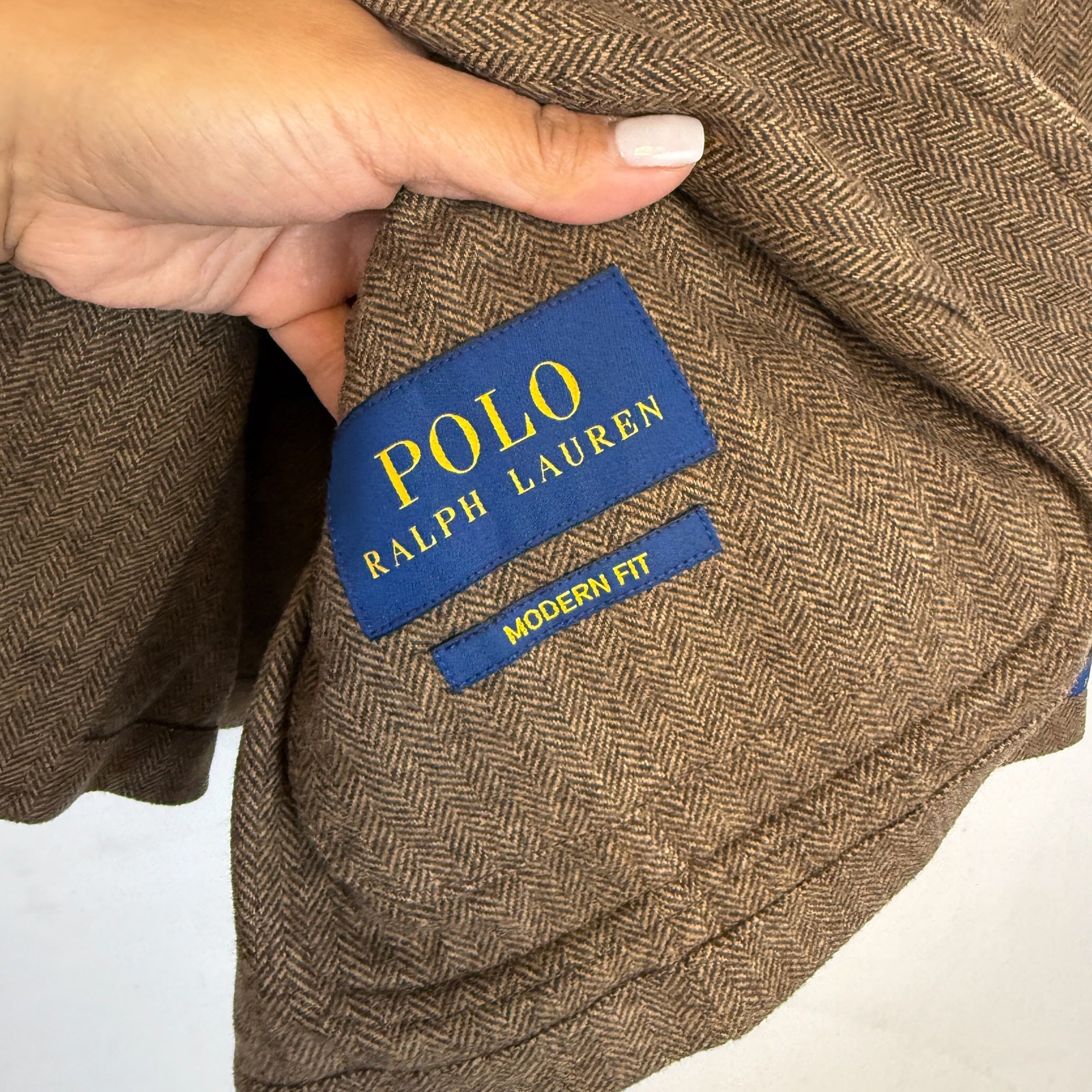 Polo Ralph Lauren Mens Brown Herringbone Poly Blend Blazer Modern Fit – 40R Reg