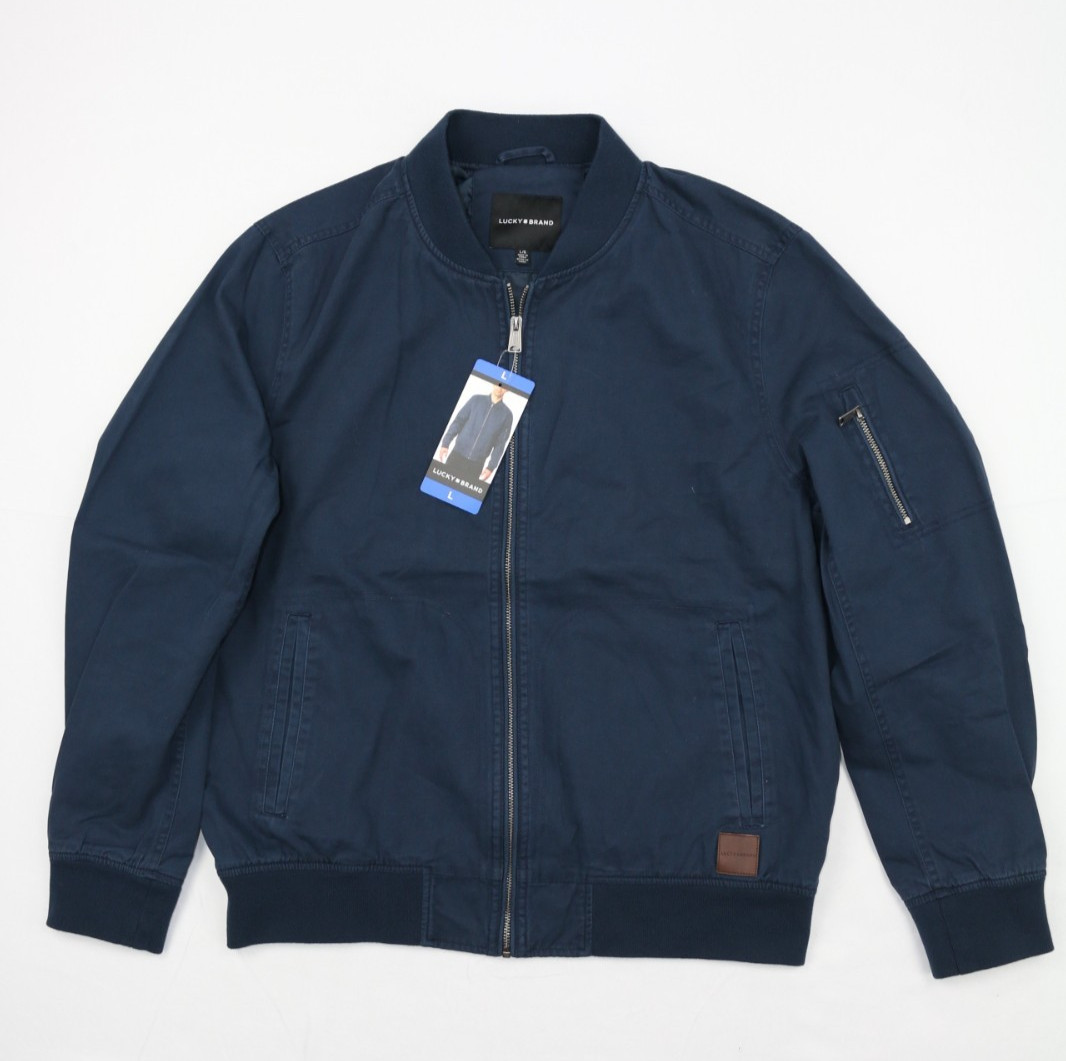 Lucky Brand Full Zip Bomber Jacket Mens Navy Blue M-2XL Swill Lined Cotton Pocke