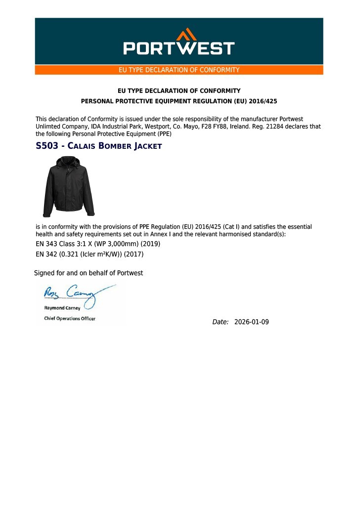 PORTWEST Men’s Calais Fully lined Padded Bomber Waterproof Jacket S503 UK Seller