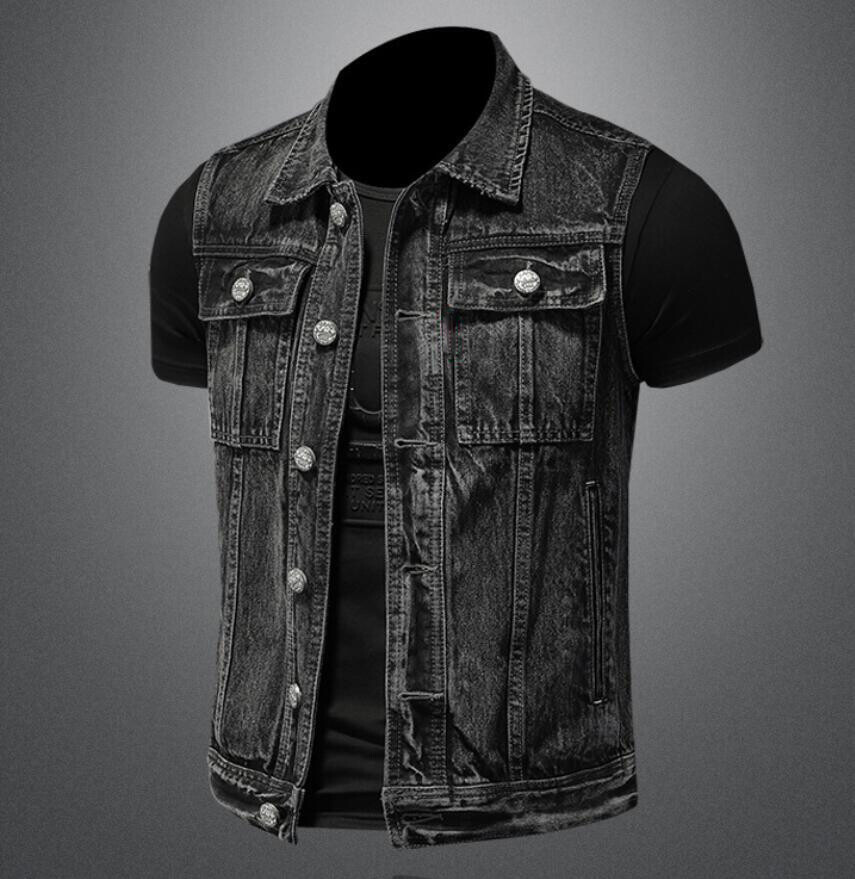 Men Black Denim Jean Jacket Coat Sleeveless Waistcoat Pockets Button Vest Punk