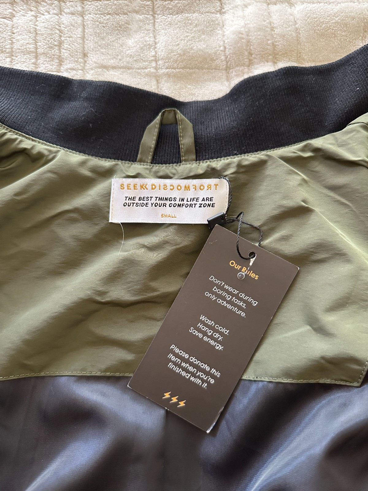NEW WITH TAGS Green SEEK DISCOMFORT Zippered Jacket by Yes Theory