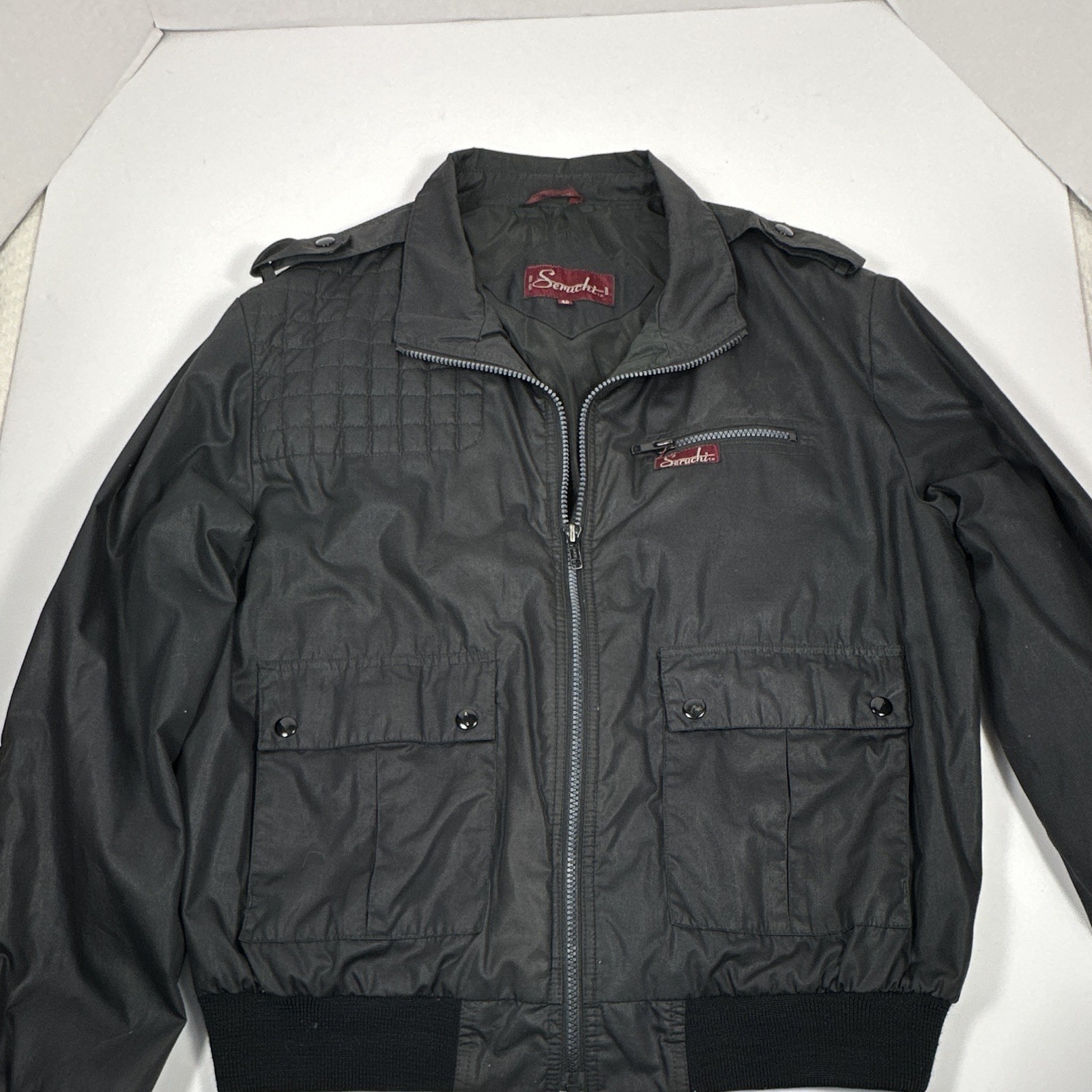Seruchi Men’s Black Bomber Jacket – Full Zip Pockets – Size 46 Regular