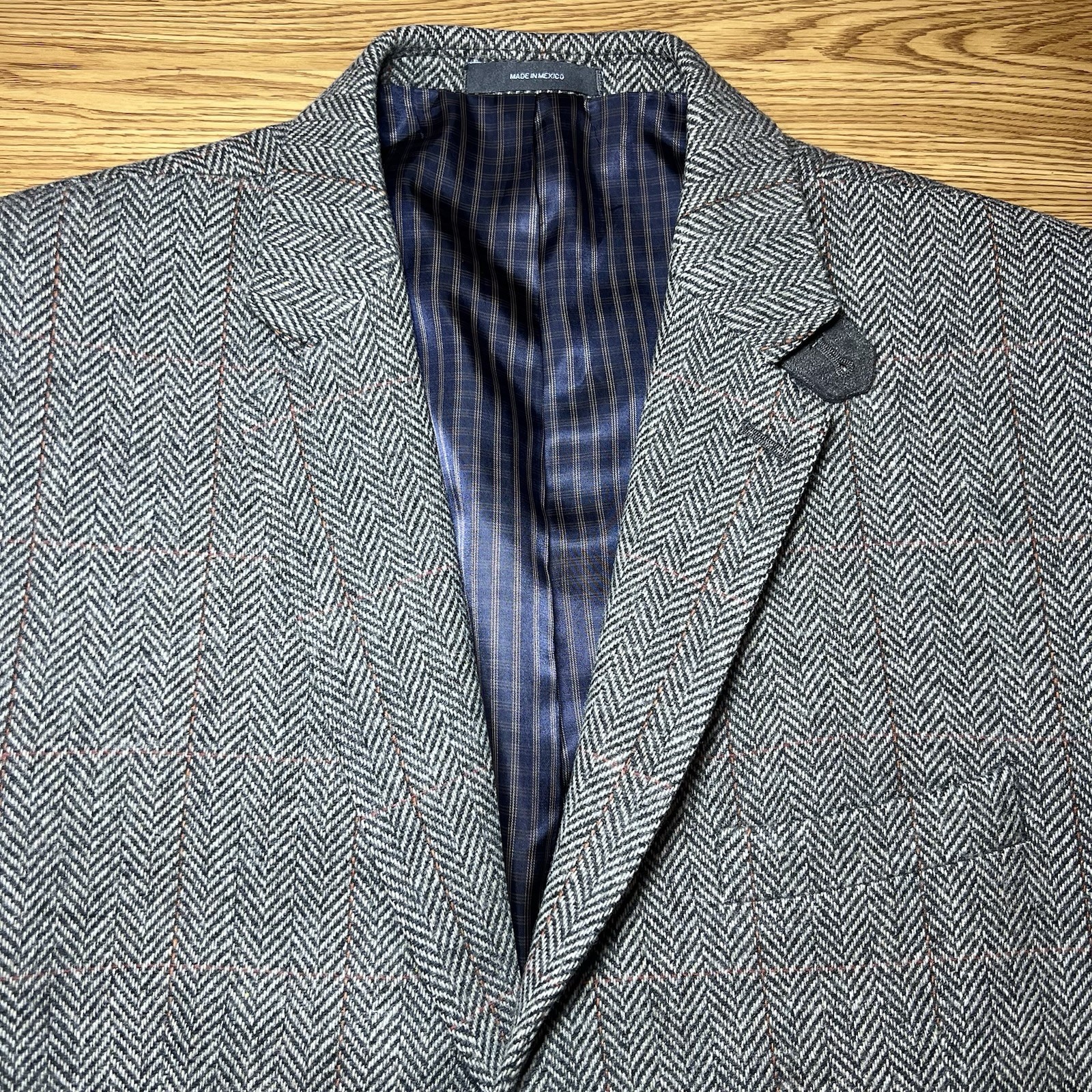 Joe Joseph Abboud Mens 44L Brown Herringbone Wool Sport Coat Blazer Elbow Patch