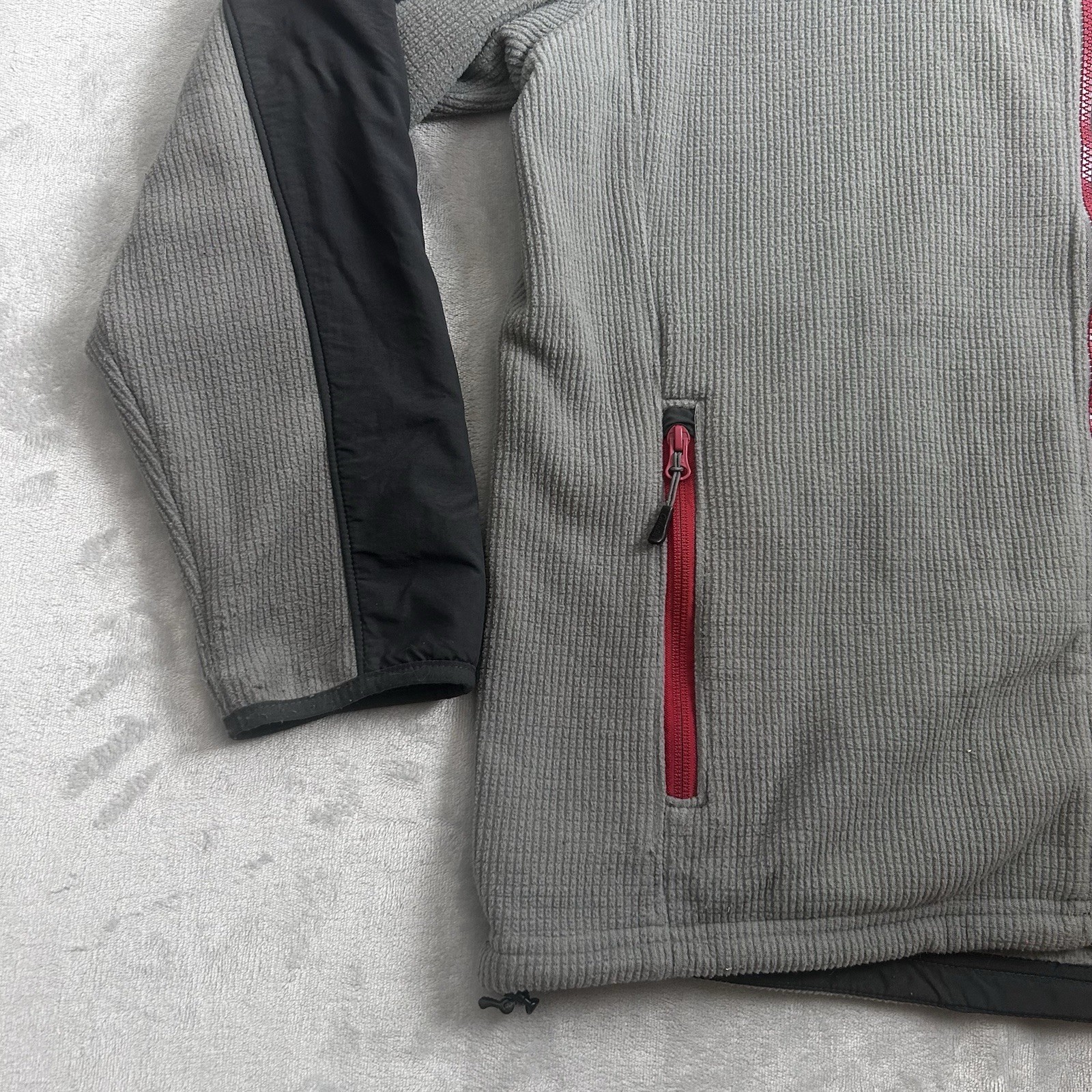 Cabelas Fleece Jacket Men XL Timberwolf Gray Red Holyoke Full Zip Waffle Outdoor