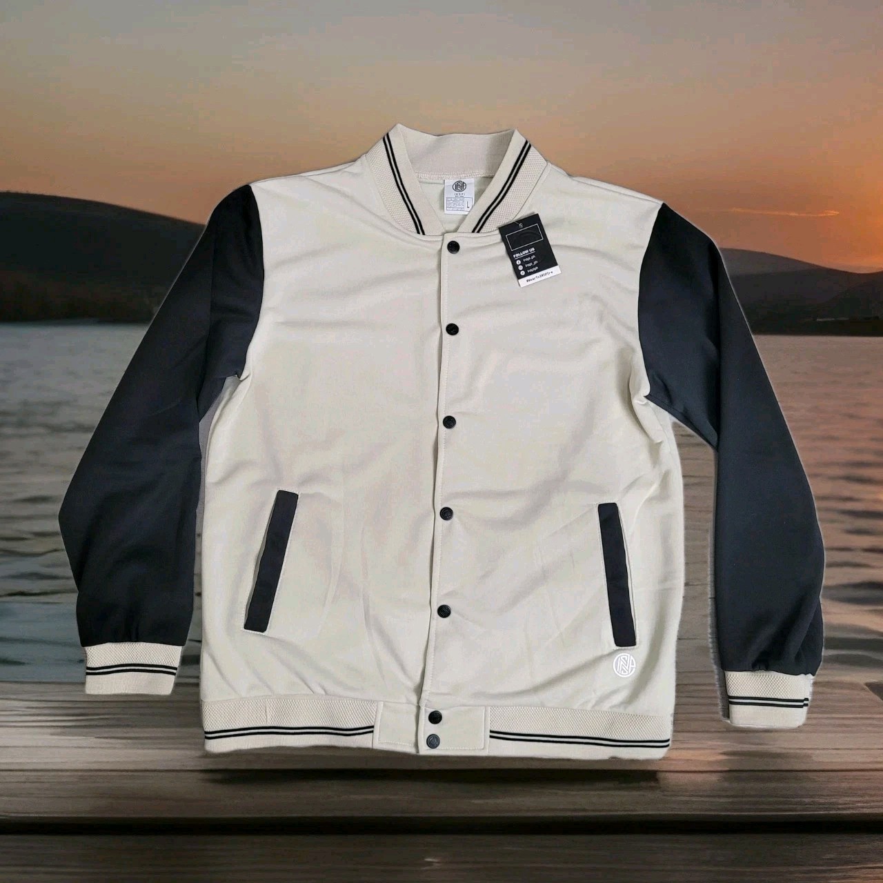 🧢INSPI Korean Bomber Varsity Jacket Unisex Large Ivory/Black Streetwear NWT