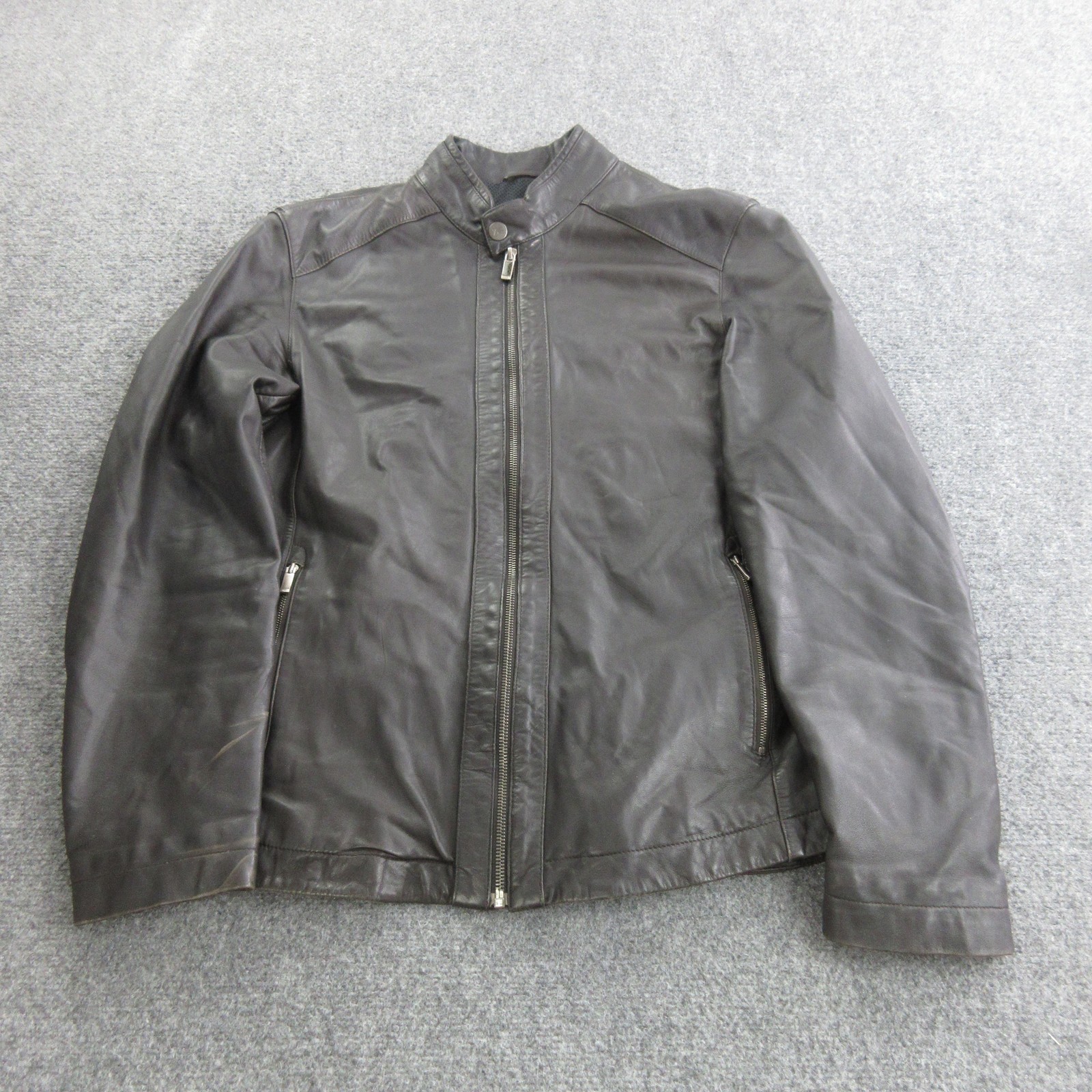 Zegna Sport Jacket Mens Large Brown Leather Biker Full Zip Stand Collar Moto
